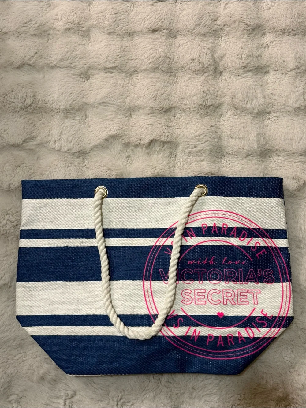 Victoria's Secret Navy & White Striped Rope-Handle Tote with Pink Logo